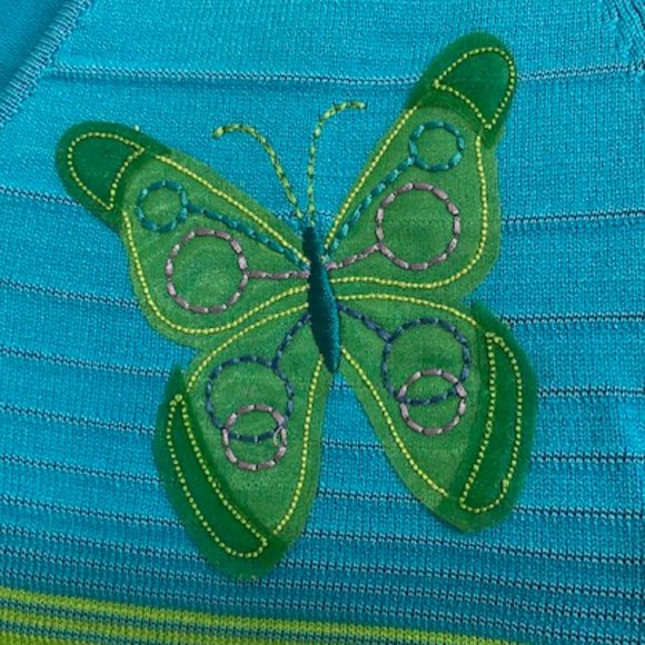 New HUME 3/4-slv TURQUOISE LIME SWEATER Applique Embroidered BUTTERFLIES * M - Picture 5 of 11